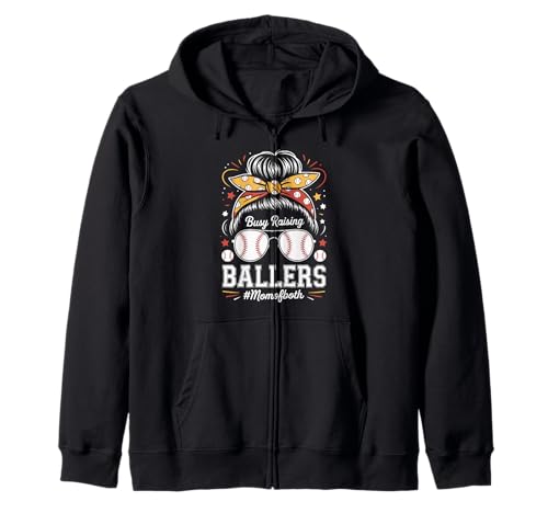 Busy Raising Ballers Mom Of Both Baseball Softball Messy Bun Zip Hoodie