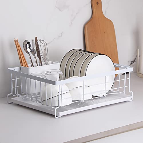 COVAODQ Escurreplatos con bandeja de goteo y colector de cubiertos, soporte para cubiertos con bandeja de goteo, 43 × 28 × 14 cm (R1 blanco) Cover