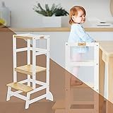 Joyz Torre de Aprendizaje Montessori Taburete de Ayuda para Cocina Trona Infantil de Madera Blanca/Natural Altura Ajustable en 3 Niveles, Niños desde 1 año Silla para Descubrimiento, Segura Antivuelco