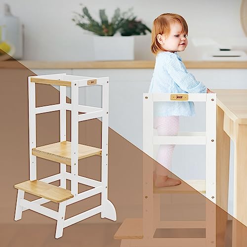 Joyz Lernturm für Kinder, Weiß-Natur, Lernstuhl ab 1 Jahr, Kinderstuhl aus Holz, Lerntower mit Schutzstab, Hochstuhl Schemel verstellbar, 2 Stufen Tritthocker, Montessori Küchenhelfer, Learning Tower