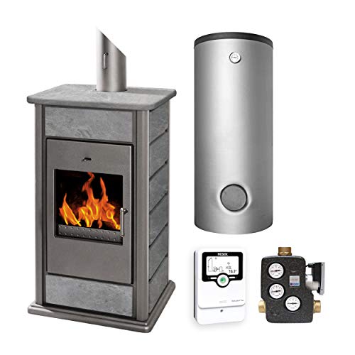 Schmitzker KS3055 Alicante Anthrazit Speckstein Wasserführender Kaminofen - Komplett-Set mit Hygienespeicher SH 550
