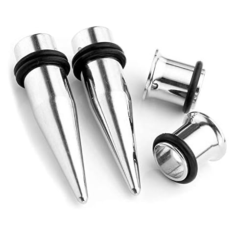 PiercingJ 4pcs 12G-00G Stainless Steel Tapers Stretcher + Ear Single-Flared Tunnel (Silver) (0g=8mm) Cover