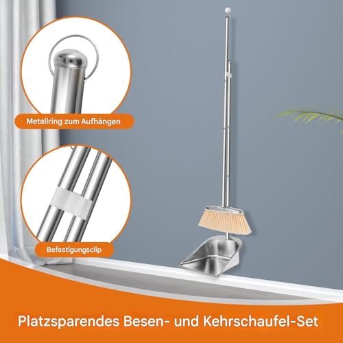 Yplkm Besen und Kehrblech Set | Edelstahl Kehrblech | Edelstahl Kehrzubehör Für Küche Wohnzimmer Schlafzimmer Badezimmer Essbereich Büro Garage Terrasse – Bild 3