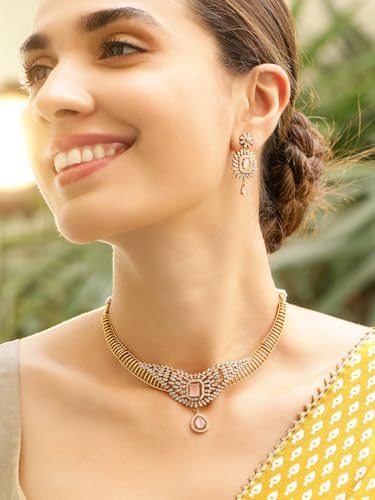 Image of Rubans 22K Gold-Plated Aqua Green /Pink Stone & Cubic Zirconia Studded Jewellery Set for Women - for Weddings & Special Occasions