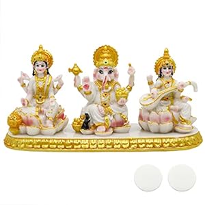 Indian Laxmi Ganesh Saraswati Statue – 3.9”H Small Marble Look Lakshmi Ganesha Idol Sculpture for Car Dashboard Hindu Temple Office Home Mandir Pooja Item Diwali Murti Puja Gifts