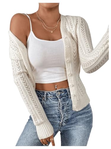 SHENHE Women's Pointelle Sweater Cardigan Crochet Hollow Out Eyelet Button Up Cropped Cardigan3