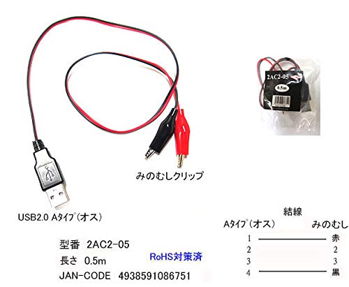 Amazon.co.jp: USB2.0/タイプA(オス)→ワニ口クリップ変換ケーブル/0.5