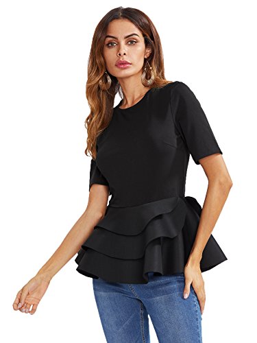 Romwe Women's Vintage Layered Ruffle Hem Slim Fit Round Neck Peplum Blouse Black XXL