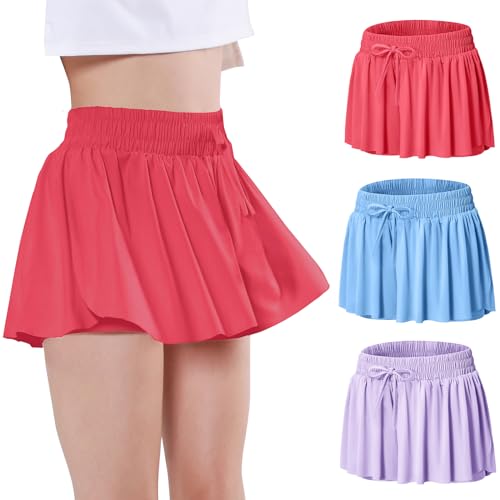Image of EXARUS Girls Flowy Butterfly Shorts Athletic 2 in 1 Running Skirt Shorts Preppy Cheer Gymnastics Kids Clothes 6-14Y
