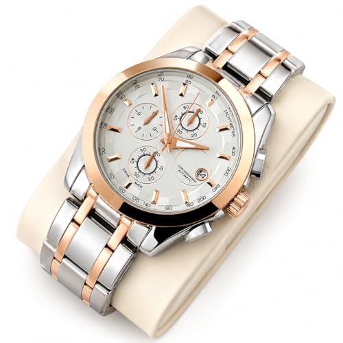 Image of Men's Luxury Analog Watch, Round Rose Gold Case, Black Dial, Stainless Steel Two-Tone Bracelet Strap for Office, Business