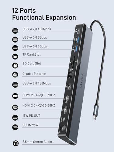 Image of USB C Docking Station Dual Monitor 4K@60Hz, 12-in-1 Laptop Dock with 2*HDMI, 4*USB, Thunderbolt 3 /4 Dock, SD /TF Slot, Ethernet, Audio, 96W Power Adapter, for HP, Lenovo, Dell, ASUS,Surface