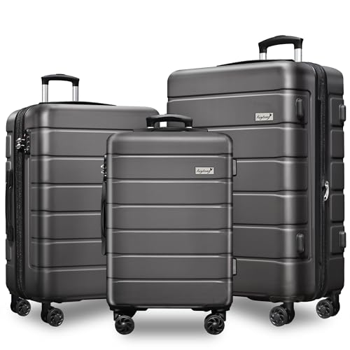 Expandable Lightweight Hardshell Carry-On Luggage Set with TSA Lock, Durable Spinner Suitcase Set for Travel, 3-Piece, Gray