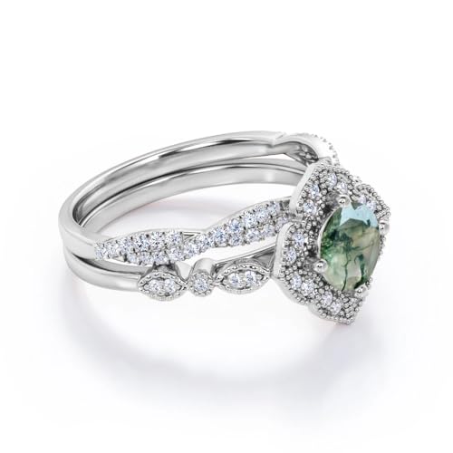 Moss Agate Ring for Women Personalized 925 Sterling Silver/10K/14K/18K Gold Vintage Green Moss Agate Moissanite Engagement Set Ring Valentine's Day3