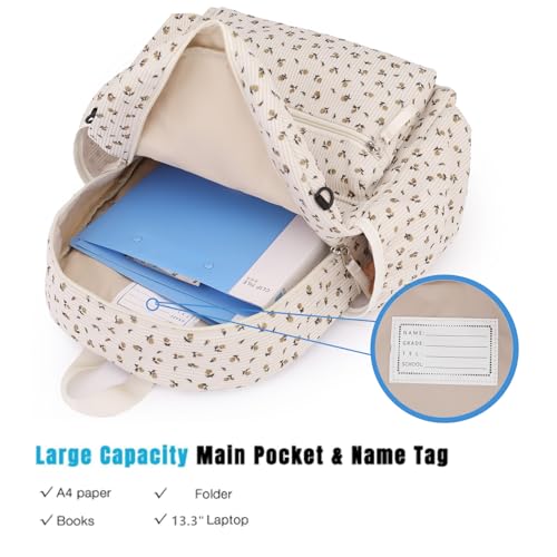 Corduroy Kids Backpack for Boys Girls 2-5 Toddler Backpacks for Primary Elementary Kindergarten (Flower Beige, Small (13.7" H Fit A4 Folder))3