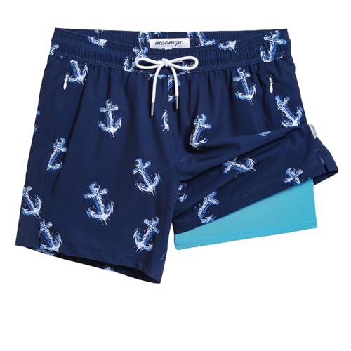 maamgic Men's Swim Trunks 5.5 inch Recycled Beach Shorts with Compression Liner Quick Dry Swim Shorts Zipper Pockets, Navy-blue Anchor, M