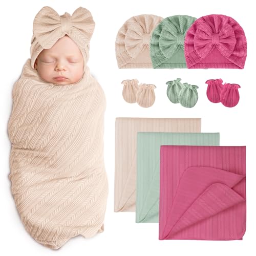 Image of AQOKKA Baby Swaddle Blankets with Bow Hat Mittens Set Wheat-Pattern Infant Receiving Blankets Swaddles for Newborns Unisex Toddler Swaddle Wrap Sets for Baby Girls Boys Nursery Warm Shower Gift
