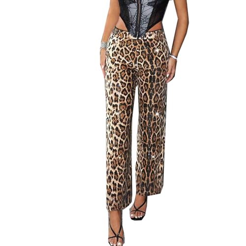 Women Stretch Sequin Leopard Print Straight Leg Pants High Waisted Trousers