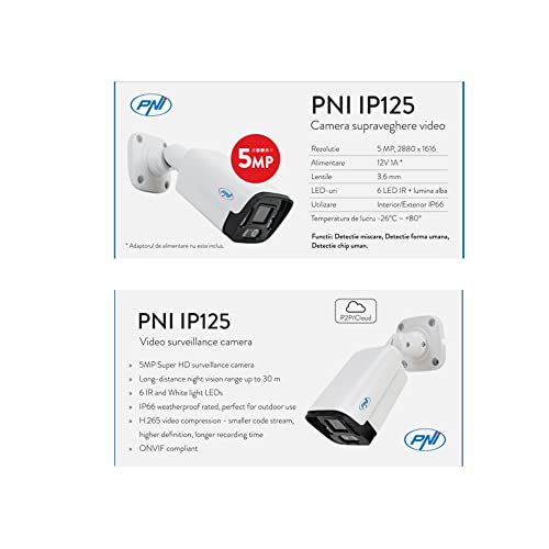 NVR PNI House IP716 Videoüberwachungspaket, 16 Kanäle 4K, H.265, 12 PNI IP125-Kameras mit, 5MP, IP66