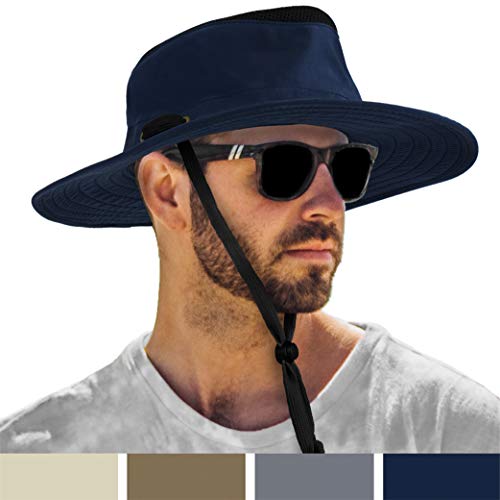 Sun CUBE Premium Boonie Sonnenhut, breite Krempe, Kinnriemen, Sommerhut, Hut, Outdoor, Wandern, Safari, Angeln, UPF 50+, Sonnenschutz, verstaubar, atmungsaktiv, navy, Einheitsgröße Cover