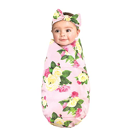 Image of Touched by Nature Unisex Baby Organic Cotton Swaddle Blanket and Headband or Cap, Rose Peony, One Size
