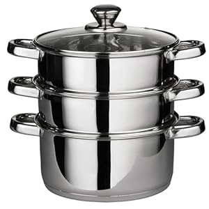 22 cm Deluxe Steamer Cookware Set with Glass Lid & Handles Stainless Steel Pan 3 Tier Pot CAPSULATED Bottom Prima Kitchen Home Cook Chef Healthy Veg Cooking Housewarming Gifts UK Free P&P