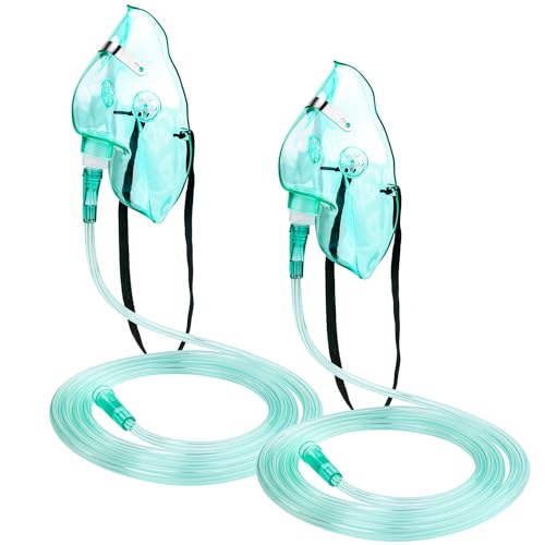 Ventisera 2 Pack Oxygen Mask for Face with 6.6 Ft Tubing and Adjustable Elastic Strap - Adult - Green Size L (No Cup)