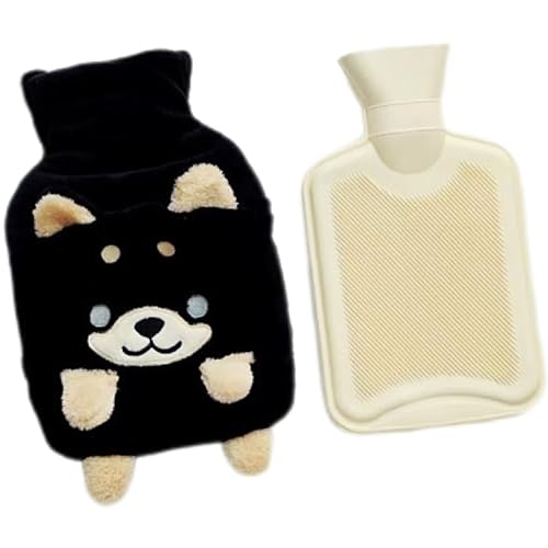 lulalula Botella de agua caliente de 1 litro bolsa de agua caliente con cubierta de felpa súper suave Shiba Inu Premium de goma natural, proporciona calidez seguridad y comodidad (negro)
