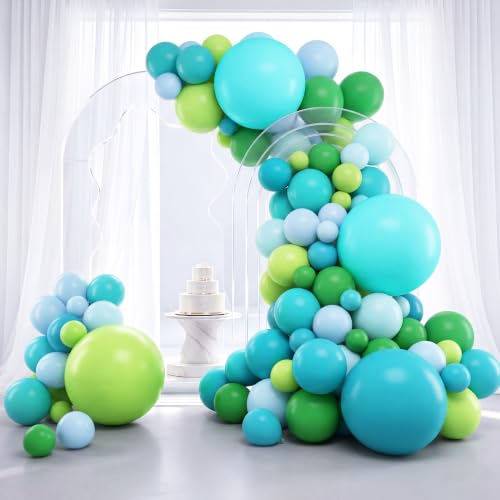 Image of RUBFAC 129pcs Blue Green Balloons Different Sizes 18 12 10 5 Inch for Garland Arch, Green Blue Balloons for Birthday Baby Shower Gender Reveal Wedding Party Decoration