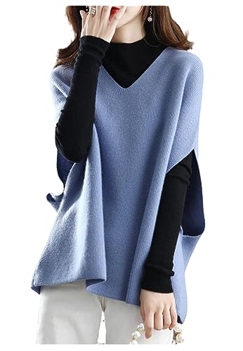 Mnjyihy Women's Fashion V Neck Loose Warm Sweater Vest Loose Pullover Sweater Plus Size Blue XL