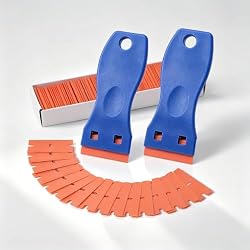 Plastic Non-Scratch Razor Blade Scraper, 2 Pack Blue PP Soft Handle with 50 Extra Replacement Plastic Blades, for Window Glass, Tile, Car Surface, Sticker, Label and Decal Remover