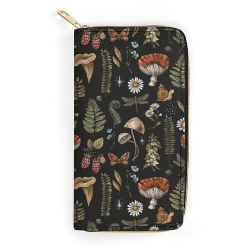 Portable Travel Wallet for Women, Witchy Mystery Vintage Magic Mushrooms Fall Leaf Floral Pu Leather Travel Long Purse Waterproof Large Capacity Multiple Card Holder Wallet