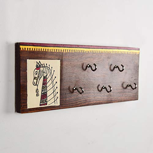 Image of Artysta 'Horse on Plank' Wooden Key Holder | Wall Stylish Decorative Keychain | Key Hold Hanger for Home Decor | Key Orgainzer | Handmade Painted Key Hanger | 5 Key Hooks | Housewarming Gifts