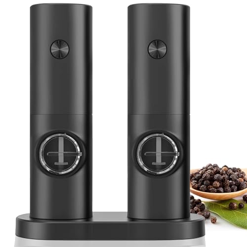 2Pcs Electric Salt and Pepper Grinder Set with Base, Battery Powered with Adjustable 5 Levels of Coarseness Salt and Pepper Grinder Mill(Black)