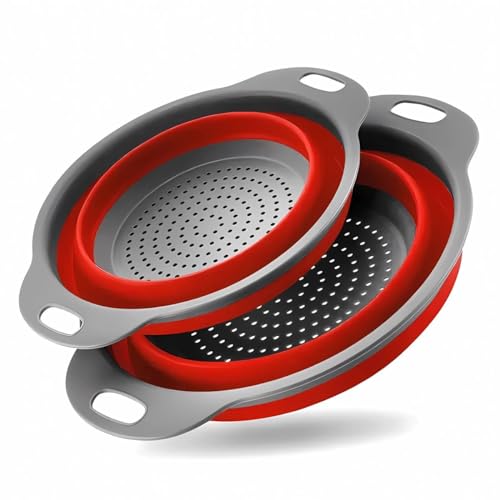 König Design Foldable Colander Strainer, Silicone Plastic Pasta Strainer Set, 2 Sizes (24.5 + 29.2 cm), Red