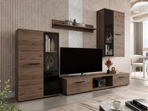 Mirjan24 Wohnwand Salsa, Design Mediawand, Modernes Wohnzimmer Set, Anbauwand, Hängeschrank, Vitrine, TV Lowboard, (Nuss Okapi, ohne Beleuchtung) – Bild 3