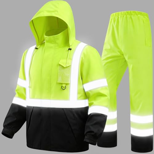 vitagear Hi Vis Class 3 Safety Rain Jacket for Men Waterproof Reflective High Visibility Rain Gear Construction Rain Suit (Yellow-Black L/XL)
