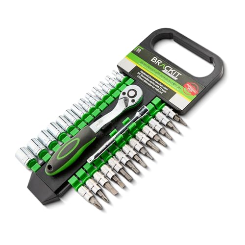 Brackit 28-Piece Socket Wrench Set – 1/4″ Drive 72-Tooth Reversible Ratchet with Quick Release, Non-Slip Comfortable Grip, Chrome Vanadium Steel Sockets, 100mm Extension Bar for DIY & Automotive Use