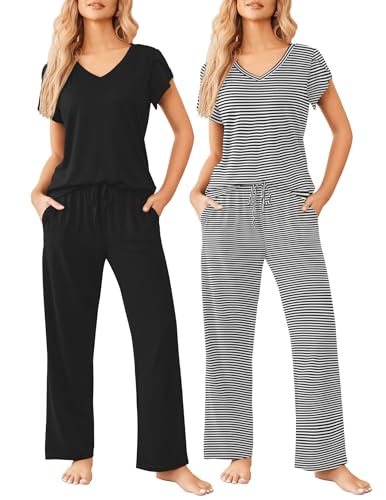Image of Ekouaer 2 Pack Womens Pajamas Short Sleeve Sleepwear Top with Pants Super-Soft Printed Lounge Sets S-XXL