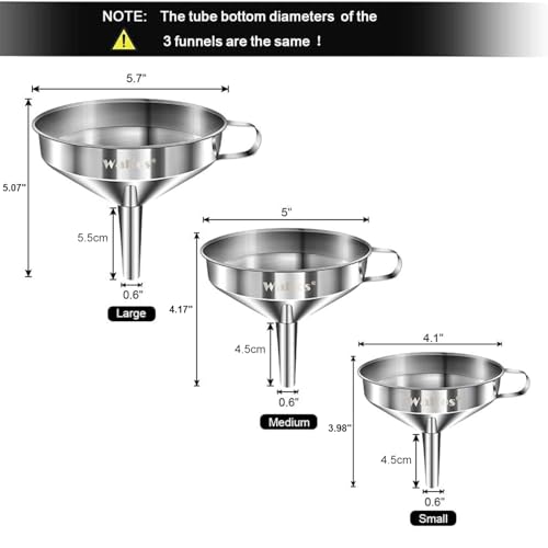 Image of Stainless Steel Funnel, Walfos 3 Pack Kitchen Funnel with 2 Removable Strainer ia€ 1Pcs Cleaning Brush, Perfect for Transferring of Liquid, Oils, Jam, Dry Ingredients & Powder