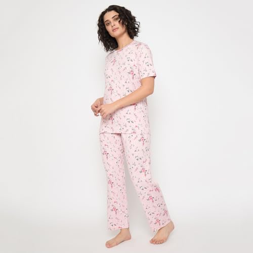 Image of CAMEY Women's Printed Pyjama Set, Short Sleeve T-Shirt and Trousers, Women Nightsuit, Loungewear Sets