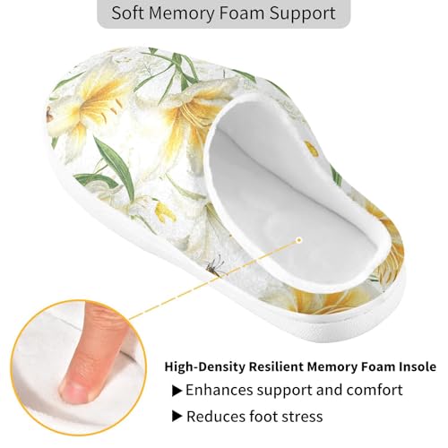 JUNZAN Sweet Daylily White Women Cotton Slippers Wide Memory Foam Mens Slippers for Travel Birthday Presents 6-72