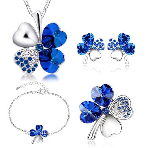Colgante Trebol Brazalete de Trébol de Cuatro Hojas Pendientes de Trébol de Lucky Clover Broche de la Novedad, Juego de Joyas de Trébol para Madres, Mujeres, Novias, Mujeres, Hijas, 4pcs / Set (Azul)