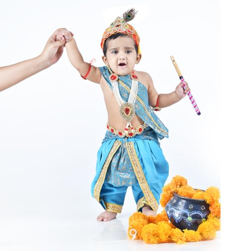 Image of ITSMYCOSTUME Krishna Dress for Baby Boy Kids Set of 10(Dhoti,Hip Cover,Patka,Mukut,Morpankh,Bansuri,Kamarband,Bajuband,Kundal) Little Krishna Ji Kanha Janmasthmi Costume