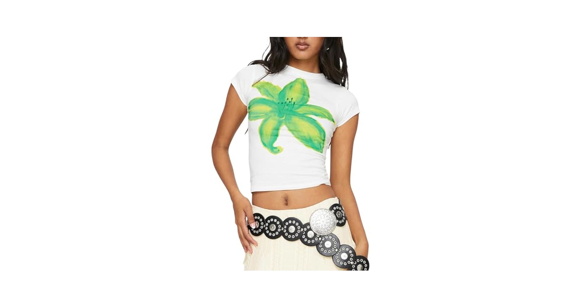 Y2K Flower Print Baby Tee for Women Short Sleeve Crew Neck