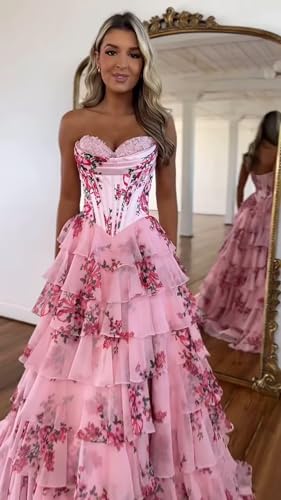 Fair Lady Strapless Prom Dresses for Women Long Corset Tiered Ruffle Chiffon Formal Evening Party Gowns with Slit4
