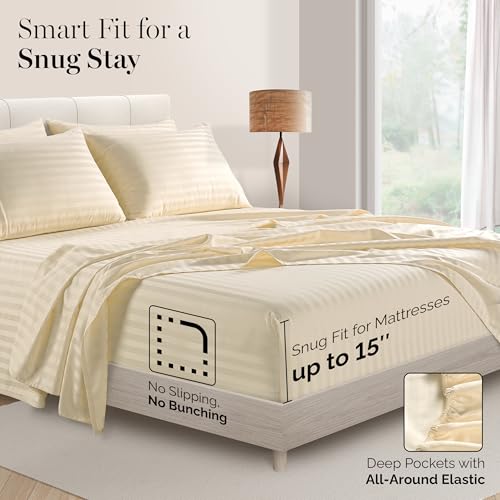 Casa Platino 100% Egyptian Cotton Sheets Full Size Set - 6 Pieces - Damask Stripe- Ultra Smooth Sateen Weave Bed Sheets Set with 15" Deep Pockets - Ivory