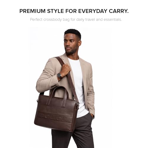 Image of Police 14 Inch Laptop Briefcase for Men | Premium Textured Leather Office Bag with Padded Laptop Compartment | Branded Adjustable Shoulder Strap | Professional Business Messenger Bag | Brown