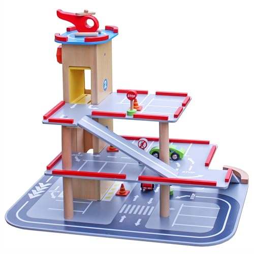 COIL Garage di Legno per Bambini con Ascensore - Garage Macchine Per Bambini - Gioco di Legno per Bambini con Macchinina e Accessori - Garage Per Auto