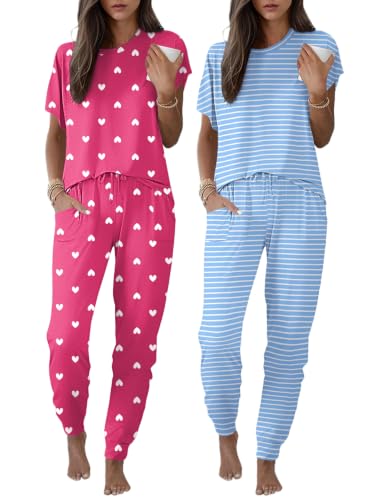 Image of Ekouaer 2 pack Womens Pajama Short Sleeve Jogger Pants Pjs Lounge Set | Pajama Sets with Pockets Comfy Sleepwear for Daily Wear, Sleep, Home, Sport, Workout