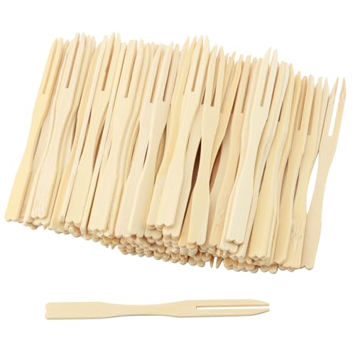 DAKFOOK 1000 Pcs Disposable Bamboo Fruit Forks, 9 x 0.7cm Two Prongs Mini Bamboo Food Picks Blunt-end Forks for Party Banquet Buffet